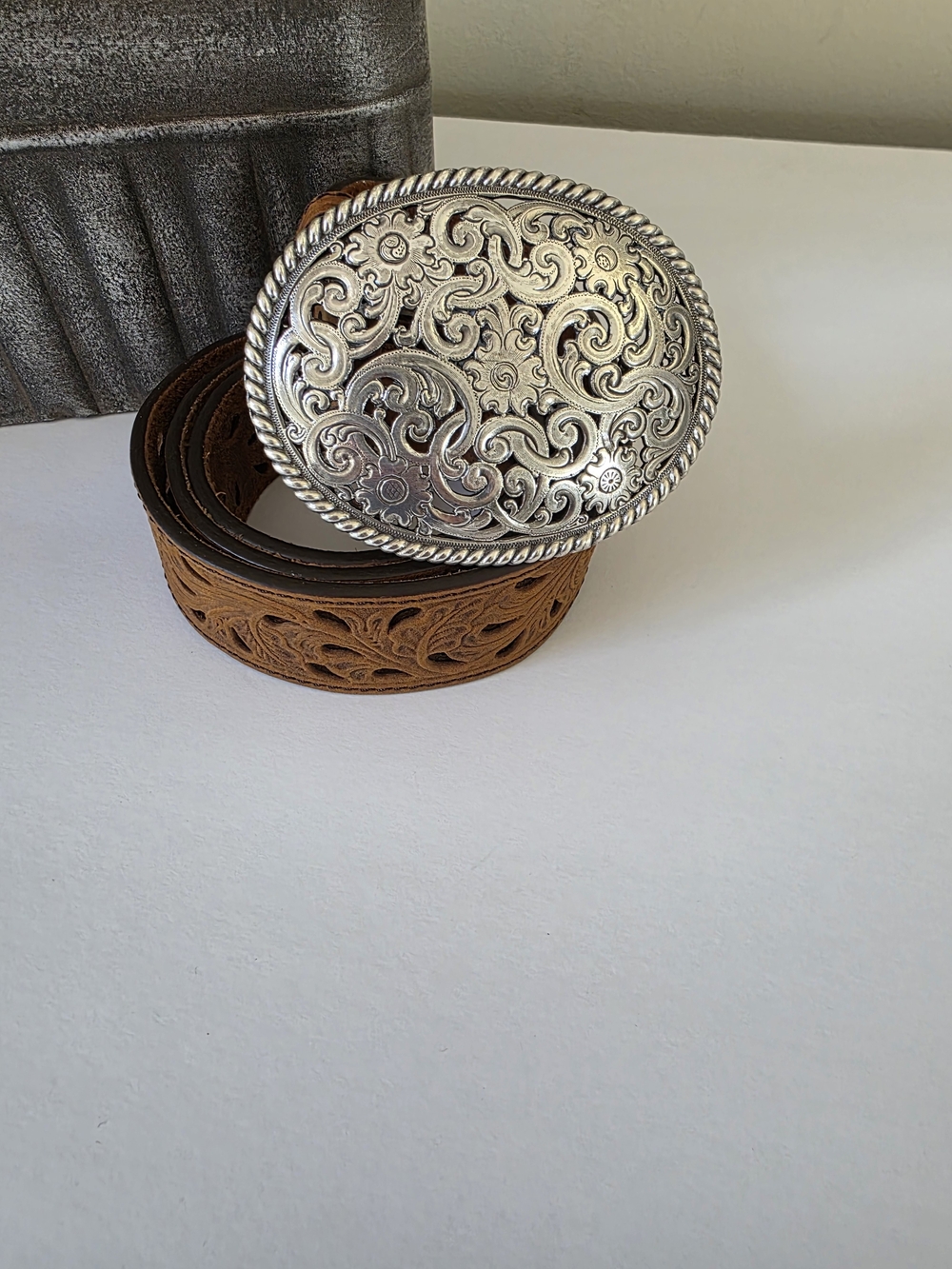 Tony Lama Tooled Leather Western Belt Removable Buckle Size 36 - Picture 3 of 8